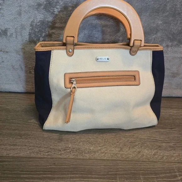 Relic Floral Applique Canvas Satchel Purse Acrylic Handle Handbag Bag - Picture 2 of 9